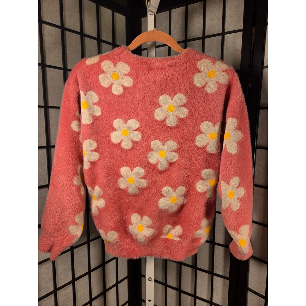 Simply Southern Pink Daisy Floral Eyelash Knit Fuzzy Sweater Womens Medium - Picture 6 of 6